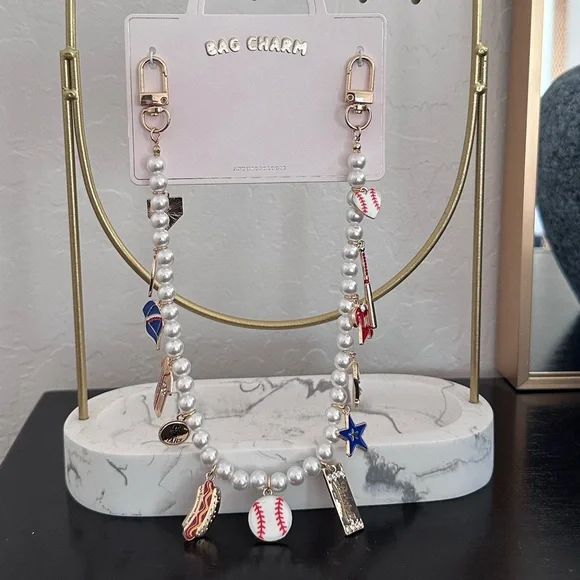 Anthropologie Icon Pearl Bag Charm Game Day Baseball NWT - Picture 4 of 7